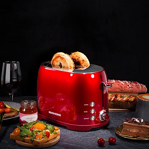 REDMOND Toaster 2 Slice, Retro Bagel Stainless Steel Compact Toaster with 1.5”Extra Wide Slots, 7 Bread Shade Settings for Breakfast, 800W (Valentine Red)