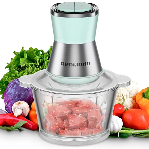 Electric Food Processor, REDMOND 8-cup Food Chopper with Garlic Peeler for Meat, Onion, Vegetable, 2L High Capacity Glass Bowl with 2 Speed, 350W Motor and 4-S Shape Stainless Steel Blades, Green