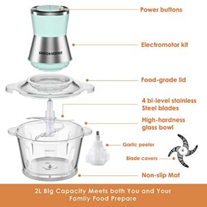 Electric Food Processor, REDMOND 8-cup Food Chopper with Garlic Peeler for Meat, Onion, Vegetable, 2L High Capacity Glass Bowl with 2 Speed, 350W Motor and 4-S Shape Stainless Steel Blades, Green