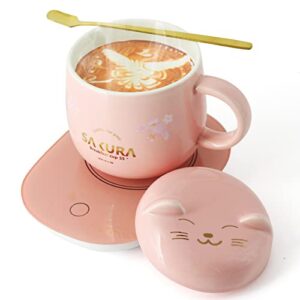 coffee warmer with mug – cute coffee cups cat mug cup warmer mug warmer for desk coffee cup for women smart coffee mug warmer coffee mug warmer is the gift with gift box pink
