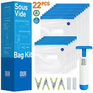 OUII Sous Vide Bags for Joule and Anova Cookers - 15 Reusable BPA-Free Sous Vide Bags with Vacuum Hand Pump in Various Sizes -Vacuum Sealer Bags Food Storage Freezer Safe - Fits Any Sous Vide Machine