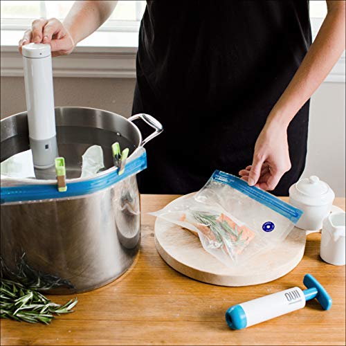 OUII Sous Vide Bags for Joule and Anova Cookers - 15 Reusable BPA-Free Sous Vide Bags with Vacuum Hand Pump in Various Sizes -Vacuum Sealer Bags Food Storage Freezer Safe - Fits Any Sous Vide Machine