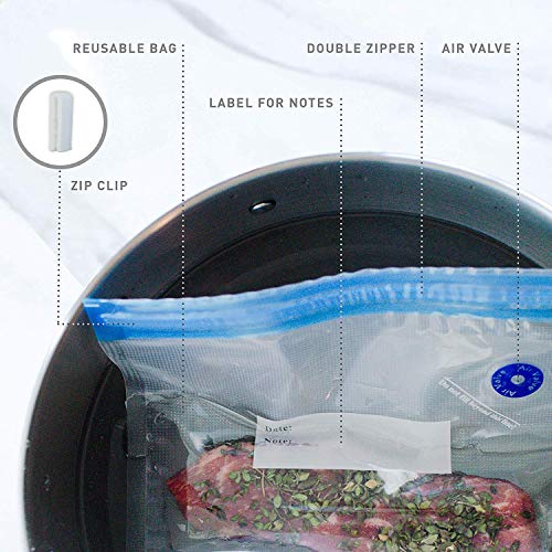 OUII Sous Vide Bags for Joule and Anova Cookers - 15 Reusable BPA-Free Sous Vide Bags with Vacuum Hand Pump in Various Sizes -Vacuum Sealer Bags Food Storage Freezer Safe - Fits Any Sous Vide Machine