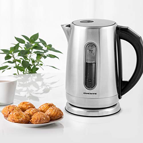 Ovente Electric Tea Kettle Stainless Steel 1.7 Liter Instant Hot Water Boiler Heater Cordless with Temperature Control, Automatic Shut Off and Keep Warm Function for Coffee Milk Chocolate Silver KS58S