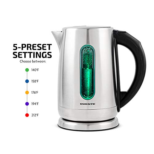 Ovente Electric Tea Kettle Stainless Steel 1.7 Liter Instant Hot Water Boiler Heater Cordless with Temperature Control, Automatic Shut Off and Keep Warm Function for Coffee Milk Chocolate Silver KS58S