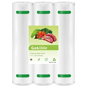 gokilife vacuum sealer bags rolls – 11″ x 20′ rolls 3 pack compatible with food saver seal a meal, heavy duty bpa free commercial fresh bag, cut to size for vac storage, meal prep or sous vide