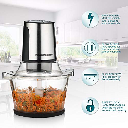 Meat Grinder Food Processor Chopper Electric Homeleader 8 Cup BPA-Free Glass Bowl Fast & Slow Speeds 4 Stainless Steel Blades Powerful 400W Pure Copper Motor for Vegetables, Lean Meat, Onion, Nuts, etc.