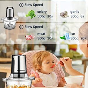 Meat Grinder Food Processor Chopper Electric Homeleader 8 Cup BPA-Free Glass Bowl Fast & Slow Speeds 4 Stainless Steel Blades Powerful 400W Pure Copper Motor for Vegetables, Lean Meat, Onion, Nuts, etc.