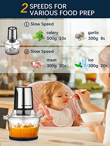 Meat Grinder Food Processor Chopper Electric Homeleader 8 Cup BPA-Free Glass Bowl Fast & Slow Speeds 4 Stainless Steel Blades Powerful 400W Pure Copper Motor for Vegetables, Lean Meat, Onion, Nuts, etc.