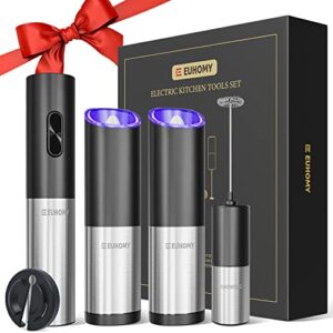 euhomy 4-in-1 electric wine opener gift box with foil cutter, cordless electric wine bottle opener battery powered, salt pepper grinder, handheld milk frother kitchen tool set.