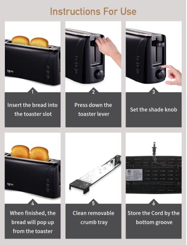 Long Slot Toaster 2 Slice Best Toaster 2 Slice Wide Slot, Vintage Black Toaster with Defrost/Reheat/Cancel/6 Bread Shade Settings/Removable Crumb Tray for Waffles Bagels, Easy To Use, 1000w