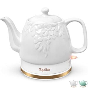 toptier electric ceramic tea kettle, boil water quickly and easily, detachable swivel base & boil dry protection, carefree auto shut off, 1 l, white leaf