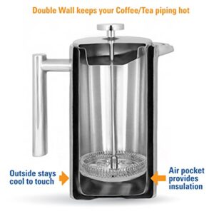 MIRA 34 oz Stainless Steel French Press Coffee Maker with 3 Extra Filters | Double Walled Insulated Coffee & Tea Brewer Pot & Maker | Keeps Brewed Coffee or Tea Hot | 1000 ml (Pearl Blue)