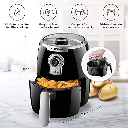 Chefman Small Compact Air Fryer Healthy Cooking, 2 Qt Nonstick, User Friendly and Adjustable Temperature Control w/ 60 Minute Timer & Auto Shutoff, Dishwasher Safe Basket, BPA-Free, 2 Quart, Black