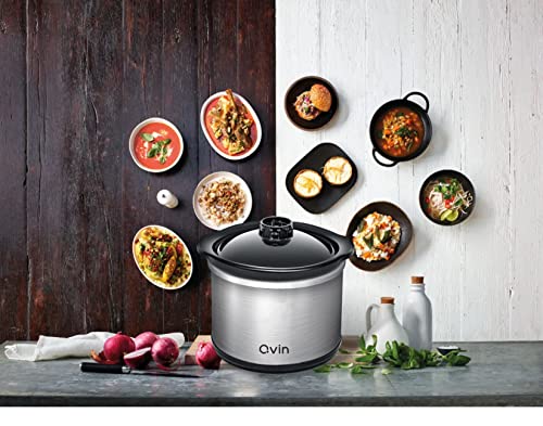 0.65-qt mini Round Slow Cooker, Fondue Melting Pot Warmer with Diswasher-safe Stoneware Crock, Glass Lid, Stainless Steel and Black