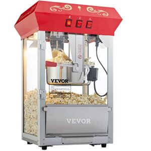 VEVOR Commercial Popcorn Machine, 8 Oz Kettle, 850 W Countertop Popcorn Maker for 48 Cups per Batch, Theater Style Popper with 3-Switch Control Steel Frame Tempered Glass Doors 2 Scoops 2 Spoons, Red