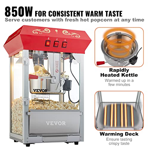 VEVOR Commercial Popcorn Machine, 8 Oz Kettle, 850 W Countertop Popcorn Maker for 48 Cups per Batch, Theater Style Popper with 3-Switch Control Steel Frame Tempered Glass Doors 2 Scoops 2 Spoons, Red