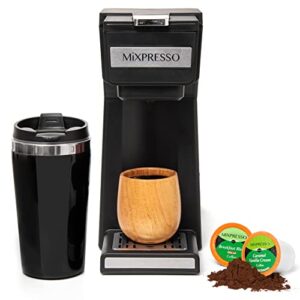 mixpresso coffee maker single serve for ground coffee & compatible with k cup pods, with 14oz travel mug & reusable filter for home, office & camping.