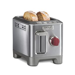 wolf gourmet 2-slice extra-wide slot toaster with shade selector, bagel and defrost settings, red knob, stainless steel (wgtr152s)