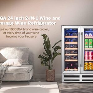 BODEGA Wine and Beverage Refrigerator, 24 Inch Dual Zone Wine Cooler, with Smart APP Control and 2 Safety Locks,Soft LED Light Hold 19 Bottles and 57 Cans, Built-In or Freestanding