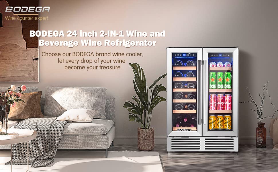 BODEGA Wine and Beverage Refrigerator, 24 Inch Dual Zone Wine Cooler, with Smart APP Control and 2 Safety Locks,Soft LED Light Hold 19 Bottles and 57 Cans, Built-In or Freestanding