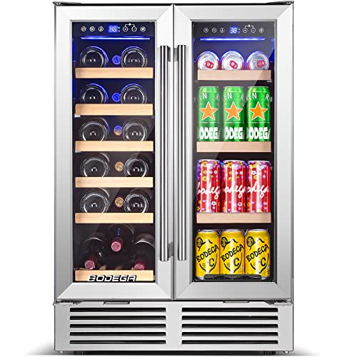 BODEGA Wine and Beverage Refrigerator, 24 Inch Dual Zone Wine Cooler, with Smart APP Control and 2 Safety Locks,Soft LED Light Hold 19 Bottles and 57 Cans, Built-In or Freestanding