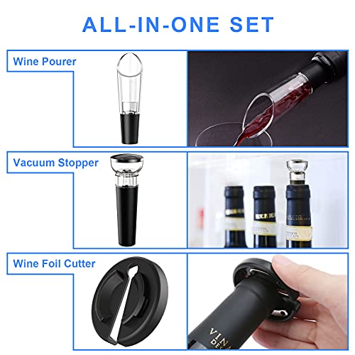 Electric Wine Opener Set, Rechargeable Automatic Wine Corkscrew Remover Kit, Cordless Electric Wine Bottle Opener with USB Charging Cable, Wine Pourer, Vacuum Stopper, Foil Cutter for Wine Lovers Gift