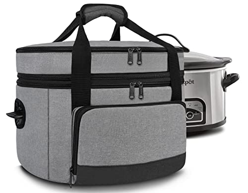 2 Layer Slow Cooker Carrier, Compatible with 6, 7, 8 Quart Crock-Pot, Insulated Large Slow Cooker Travel Bag with Bottom Pad Lid Fasten Straps, for Party, Family Gathering Potluck, Gift for Women