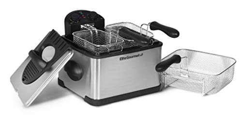 Elite Gourmet EDF-401T 1700-Watt Triple Basket, Timer Control, 17-Cup Oil Capacity, Electric Immersion Deep Fryer with Temperature Knob and Lid with View Window