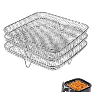 ramlly 8 inch air fryer rack for instant vortex fryer,philips,cosori fryer,square three stackable racks,stainless steel multi-layer dehydrator rack,air accessories