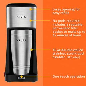 KRUPS Simply Brew to Go Single Serve Drip Coffee Maker with Travel Tumbler Included, 12 fluid ounces, Silver and Black