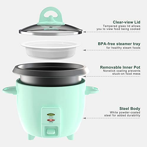 Mishcdea Small Rice Cooker 3 Cups Uncooked, Electric Mini Rice Cooker with Steamer Basket, Removable Nonstick Pot, 12H Automatic Keep Warm, for Rice, Soups, Stews, Grains, Oatmeal - Aqua