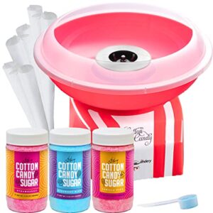 the candery cotton candy machine and floss bundle- bright, colorful style- sugar free candy, sugar floss, for birthday parties – includes 3 floss sugar flavors 12oz jars and 50 paper cones & scooper