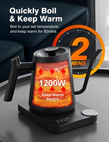 Gooseneck Electric Pour-Over Kettle, Temperature Variable Kettle for Coffee Tea Brewing, 0.9L Stainless Steel Kettle, Temperature Holding, Built-in Stopwatch