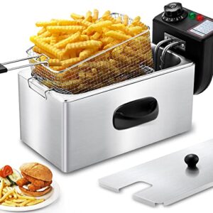 suewrite deep fryer with basket, 4.2 qt stainless steel electric deep fryer 1650w oil fryer pot with temperature control cool touch sides silver