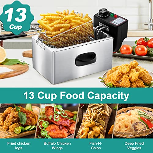 SUEWRITE Deep Fryer with Basket, 4.2 Qt Stainless Steel Electric Deep Fryer 1650W Oil Fryer Pot with Temperature Control Cool Touch Sides Silver