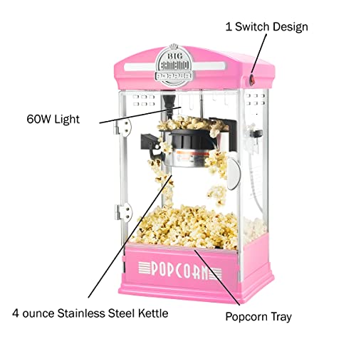 Great Northern Popcorn Big Bambino Popcorn Machine - Old Fashioned Popcorn Maker with 4-Ounce Kettle, Measuring Cups, Scoop and Serving Cups (Pink), 10.8" x 9.7" x 19.5"