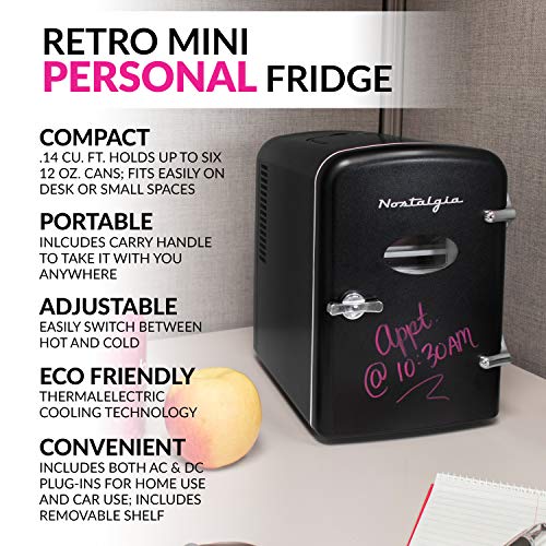 Nostalgia RF6RRBK Retro 6-Can Personal Cooling and Heating Mini Refrigerator with Eraser Board Door Carry Handle and Display Window for Home, Office, Car, Boat or Dorm Room, Black, 1 Cubic Feet