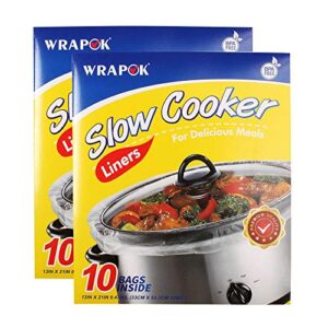 wrapok slow cooker liners kitchen disposable cooking bags bpa free for oval or round pot, large size 13 x 21 inch, fits 3 to 8.5 quarts – 2 pack (20 bags total)
