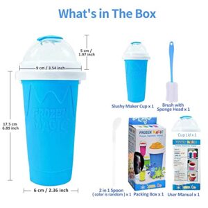 Slushy Maker Cup - Tik Tok Magic Quick Smoothie Cup, Homemade Slush and Shake Maker, Double Layer Silica Pinch Cup with Spoon & Cleaning Brush for Ice Cream Maker, Milkshake, Summer - Blue