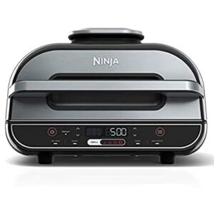 ninja foodi 5 in 1 indoor grill and air fryer with surround searing, removable grill gate, crisper basket, cooking pot, and smoke control system