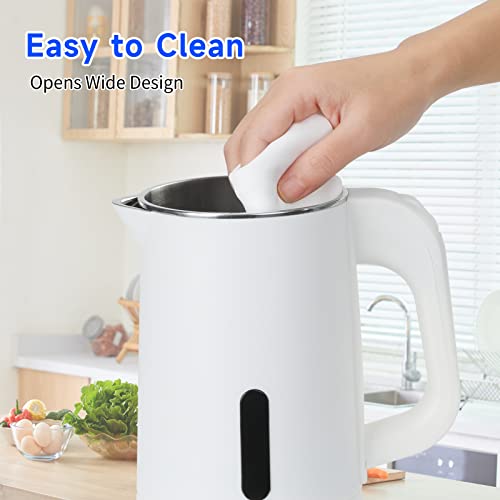 Small Electric Tea Kettle Stainless Steel, 0.8L Portable Mini Hot Water Boiler Heater, Travel Electric Coffee Kettle with Auto Shut-Off & Boil Dry Protection (White)