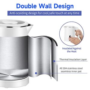 Small Electric Tea Kettle Stainless Steel, 0.8L Portable Mini Hot Water Boiler Heater, Travel Electric Coffee Kettle with Auto Shut-Off & Boil Dry Protection (White)