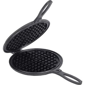 lehman’s cast iron waffle maker, pre-seasoned stovetop 2 piece hinged waffle pan makes 7″ round waffles