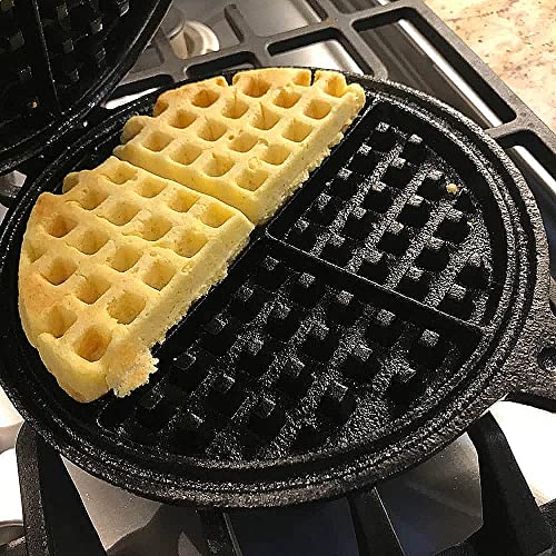 Lehman's Cast Iron Waffle Maker, Pre-Seasoned Stovetop 2 Piece Hinged Waffle Pan Makes 7" Round Waffles