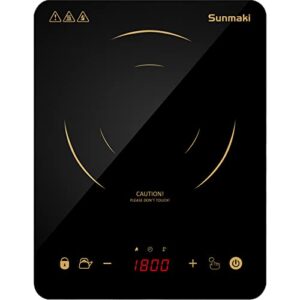 sunmaki induction cooktop, induction hot plate with led display, 1800w countertop burner portable black crystal glass surface 10 temperature 9 power setting &3h timer for cooking