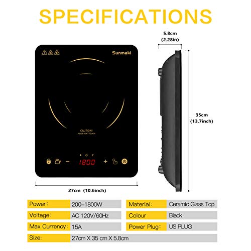 Sunmaki Induction Cooktop, Induction Hot Plate with LED Display, 1800W Countertop Burner Portable Black Crystal Glass Surface 10 Temperature 9 Power Setting &3H Timer for Cooking