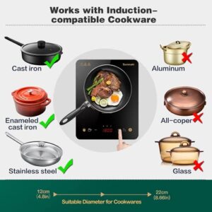 Sunmaki Induction Cooktop, Induction Hot Plate with LED Display, 1800W Countertop Burner Portable Black Crystal Glass Surface 10 Temperature 9 Power Setting &3H Timer for Cooking