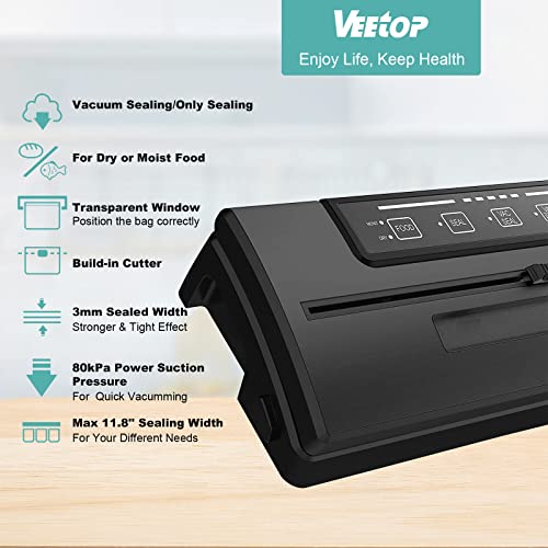 Vacuum Sealer Machine, Veetop Automatic Vacuum Food Sealer with Starter Kit, Dry Moist Pulse Mode Food Storage Machine with Build-in Cutter, Includes 1 Vacuum Roll (8*80”) & 10 Vacuum Seal Bags & 1 Air Suction Hose
