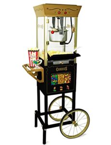 nostalgia popcorn maker professional cart, 8 oz kettle makes up to 32 cups, vintage movie theater popcorn machine with three candy dispensers and interior light, measuring spoons and scoop, black